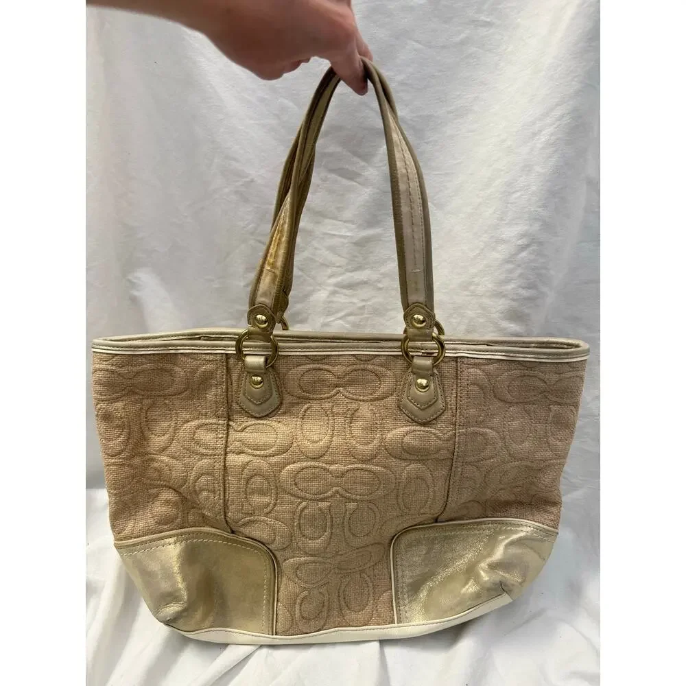 Coach Natural Signature Canvas & Metallic Gold Poppy Tote Bag GS